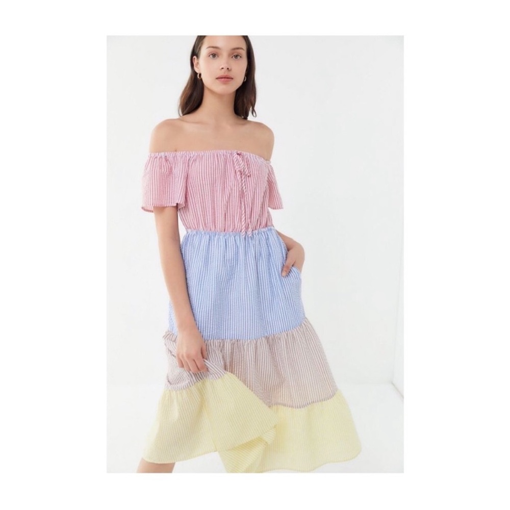 Urban Outfitters Off Shoulder Multi Seersucker Stripes Midi Dress - Picture 2 of 12
